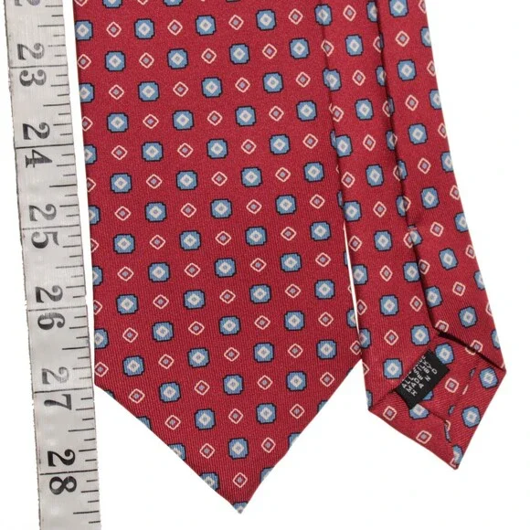 Drake's NWT Neck Tie in Red with Light Blue & White Geometric Pattern 100% Silk